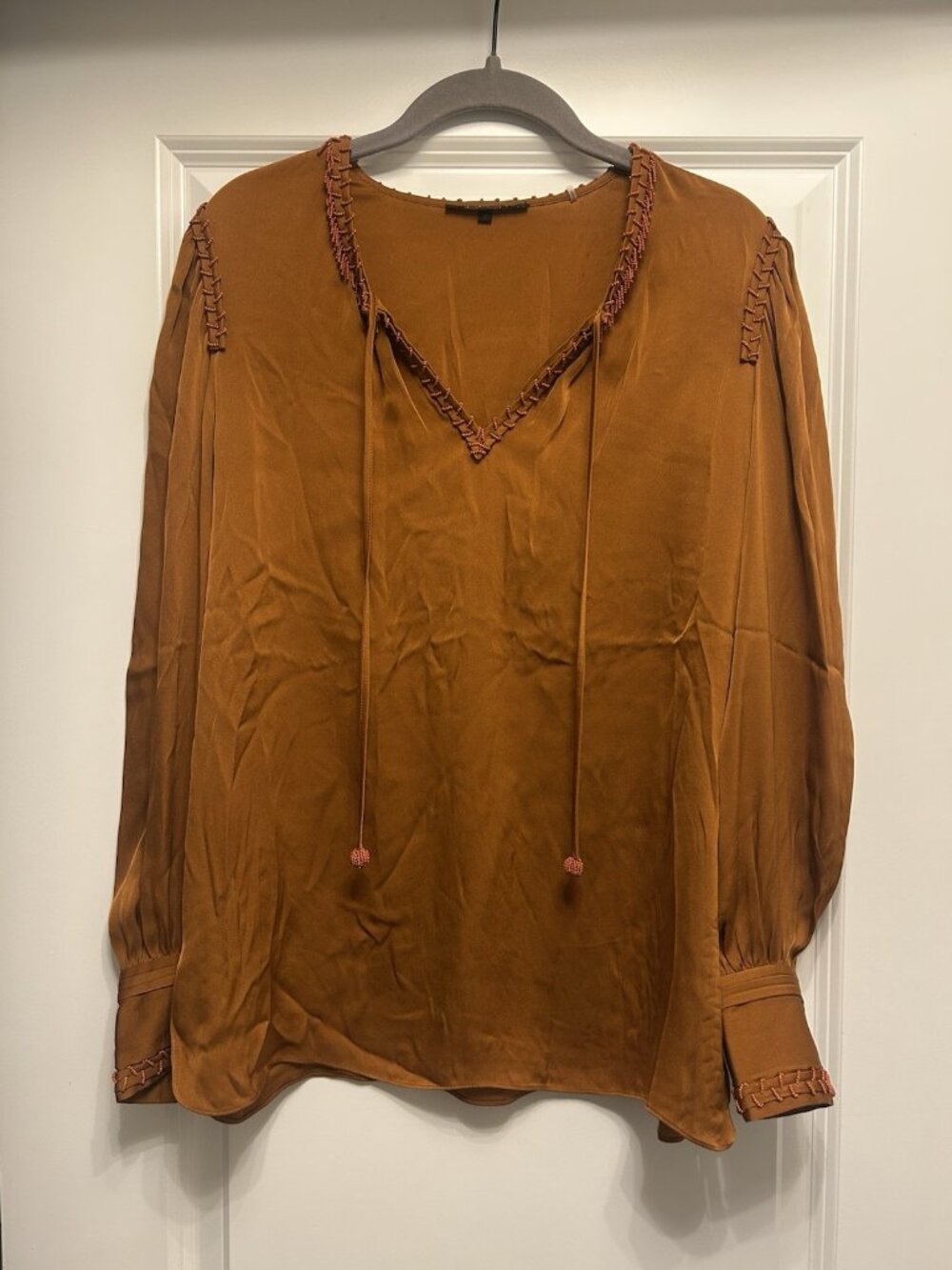 Kobi Halperin Shirt Medium Silk Stretch Beaded Peasant Blouse Burnt Orange Beads